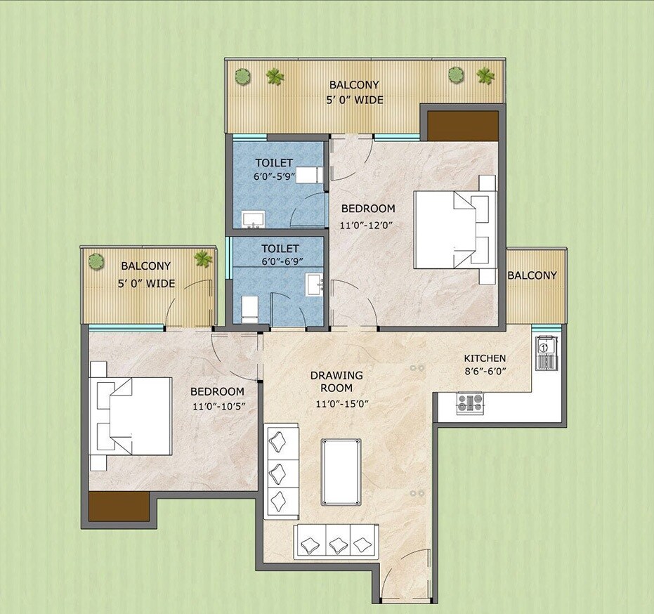 Floor plan of 2 BHK Apartment - 570 sq. ft. in Adore Samriddhi, Faridabad
