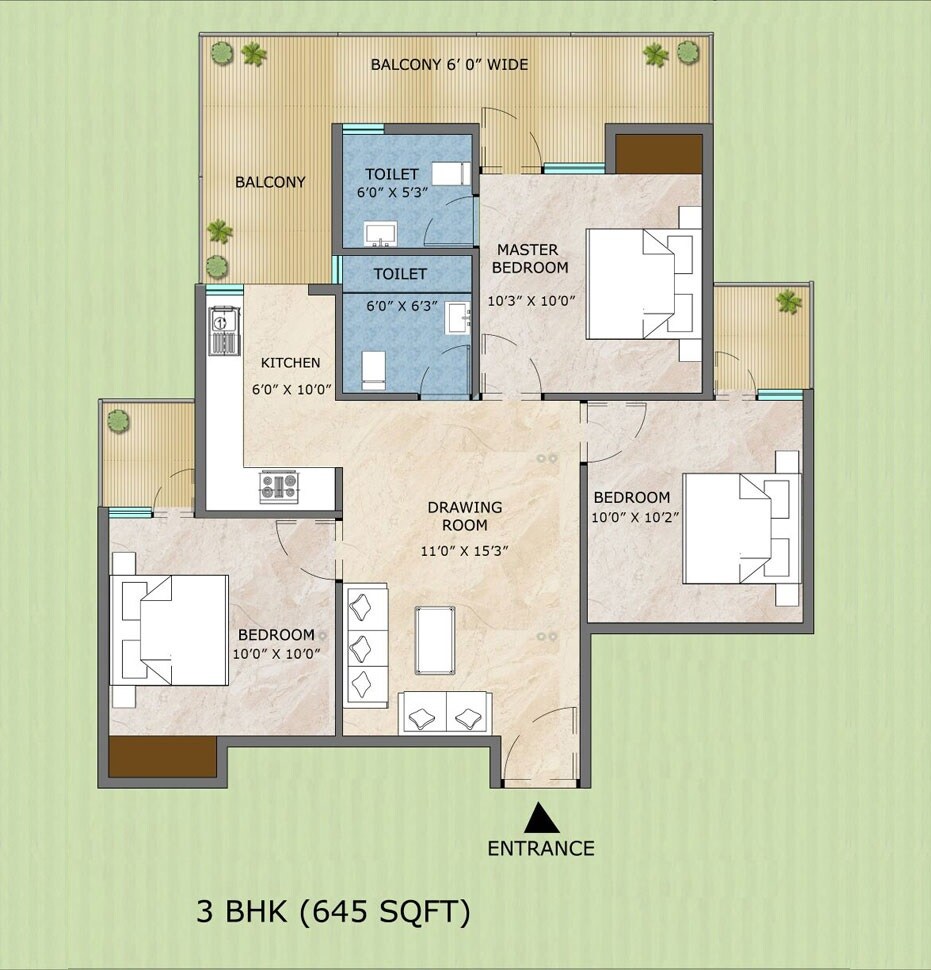 Floor plan of 3 BHK Apartment - 645 sq. ft. in Adore Samriddhi, Faridabad