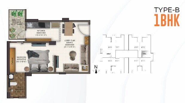Floor plan of 1 BHK 375 Sq. Ft. Apartment in Advitya Homes, Faridabad