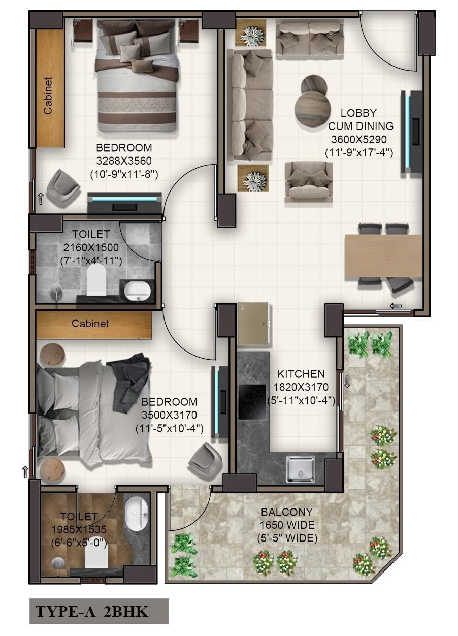 Floor plan of 2 BHK 603 Sq. Ft. Apartment in Advitya Homes, Faridabad