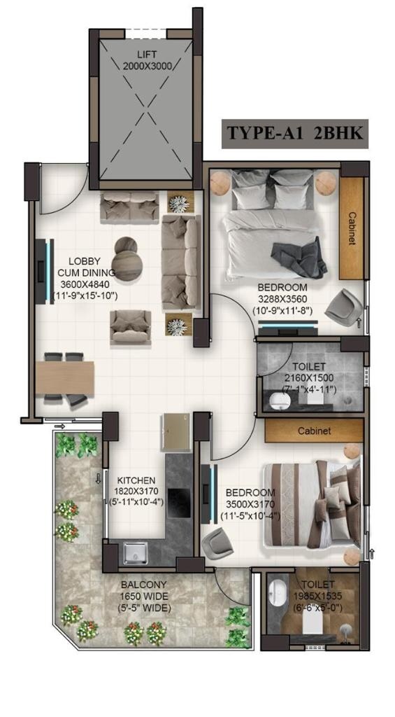 Floor plan of 2 BHK 615 Sq. Ft. Apartment in Advitya Homes, Faridabad