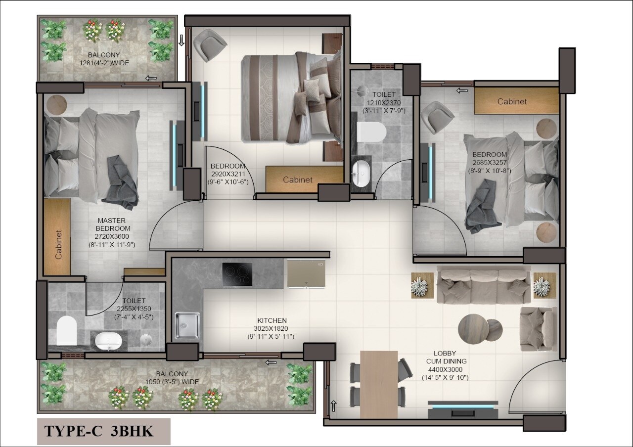 Floor plan of 3 BHK 636 Sq. Ft. Apartment in Advitya Homes, Faridabad