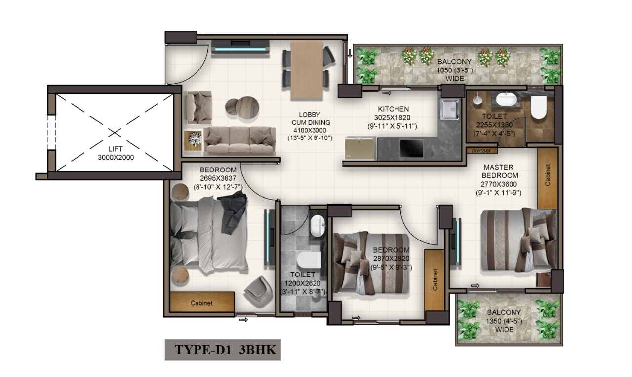 Floor plan of 3 BHK 644 Sq. Ft. Apartment in Advitya Homes, Faridabad