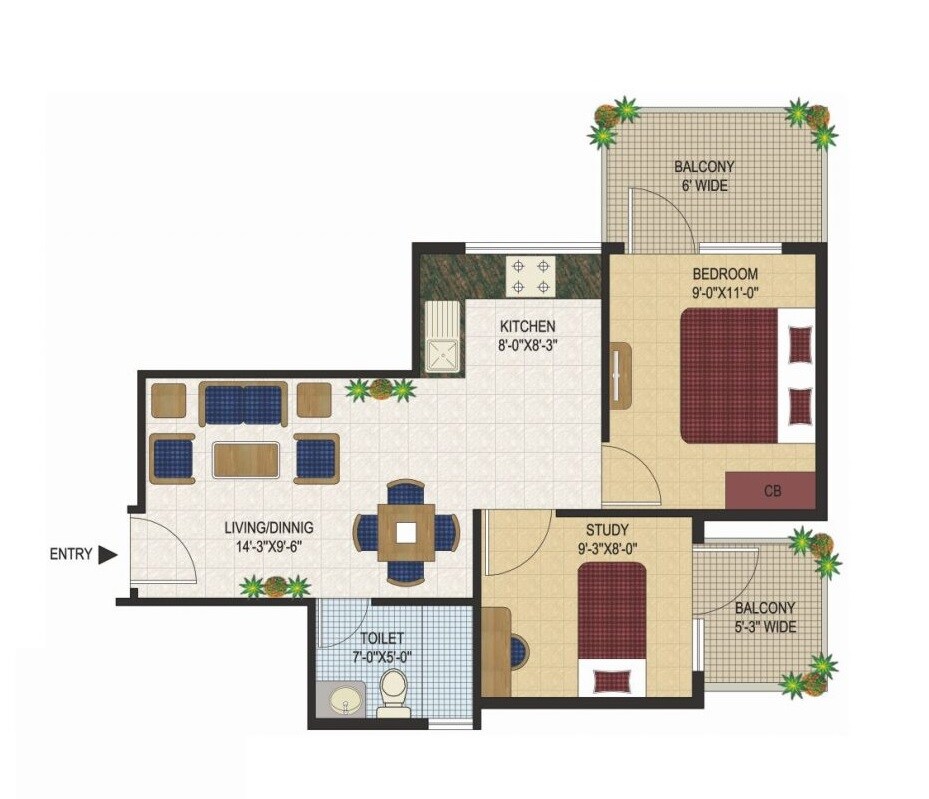 Floor plan of 1 BHK 528 Sq. Ft. Apartment in Agrasain Spaces Aagman, Faridabad
