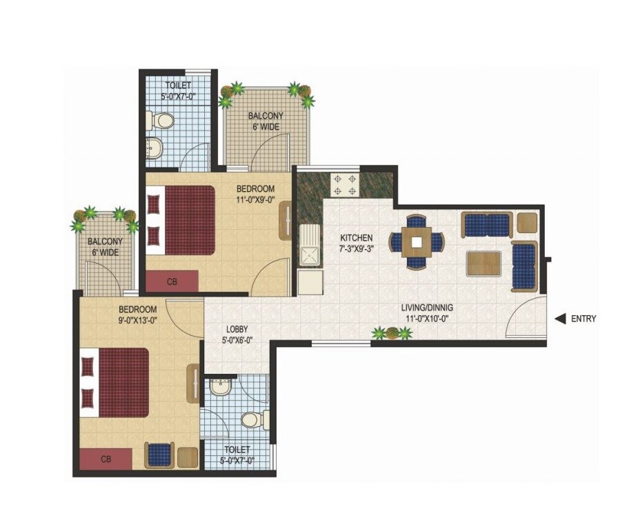 Floor plan of 2 BHK 625 Sq. Ft. Apartment in Agrasain Spaces Aagman, Faridabad