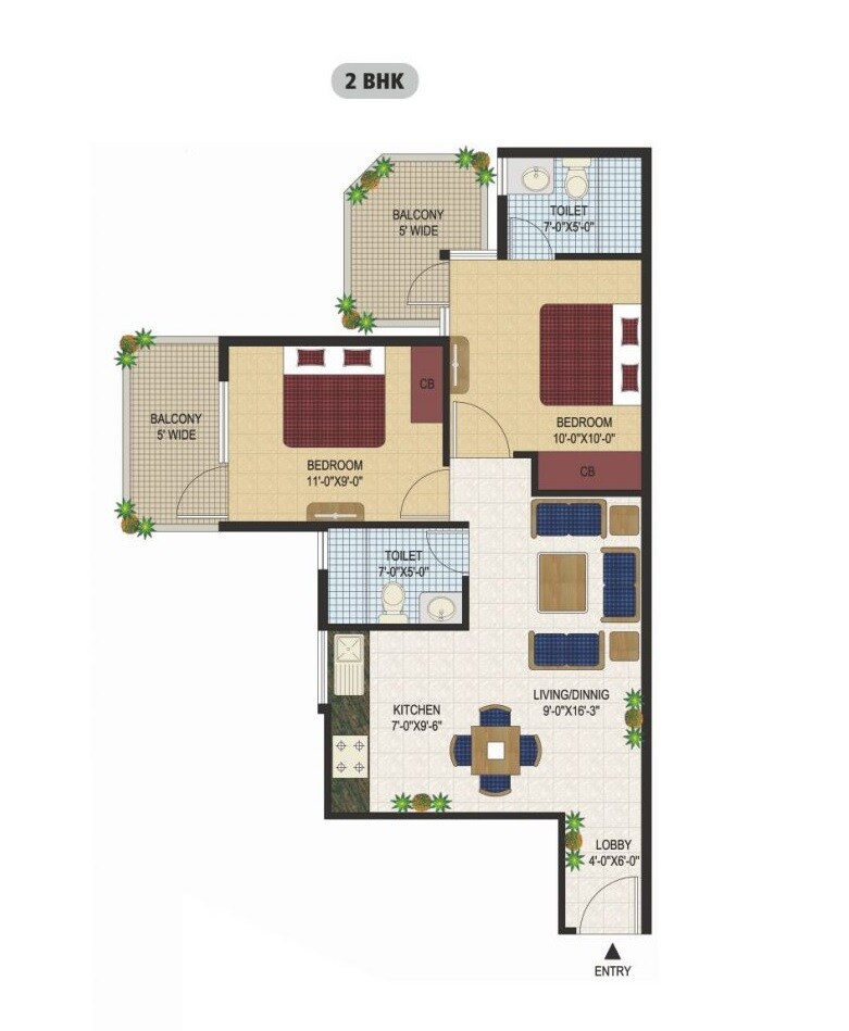 Floor plan of 2 BHK 593 Sq. Ft. Apartment in Agrasain Spaces Aagman, Faridabad