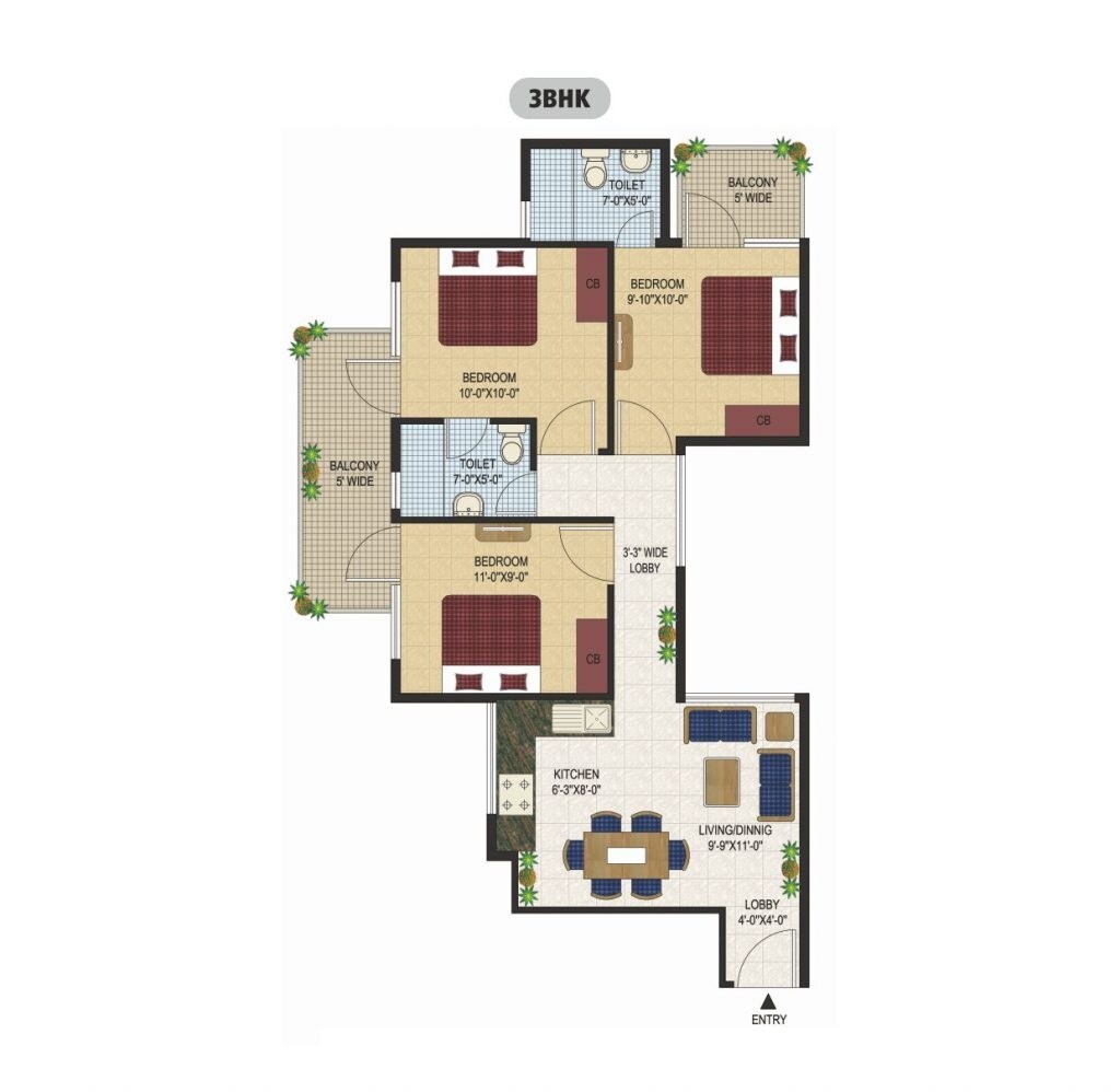 Floor plan of 3 BHK 729 Sq. Ft. Apartment in Agrasain Spaces Aagman, Faridabad