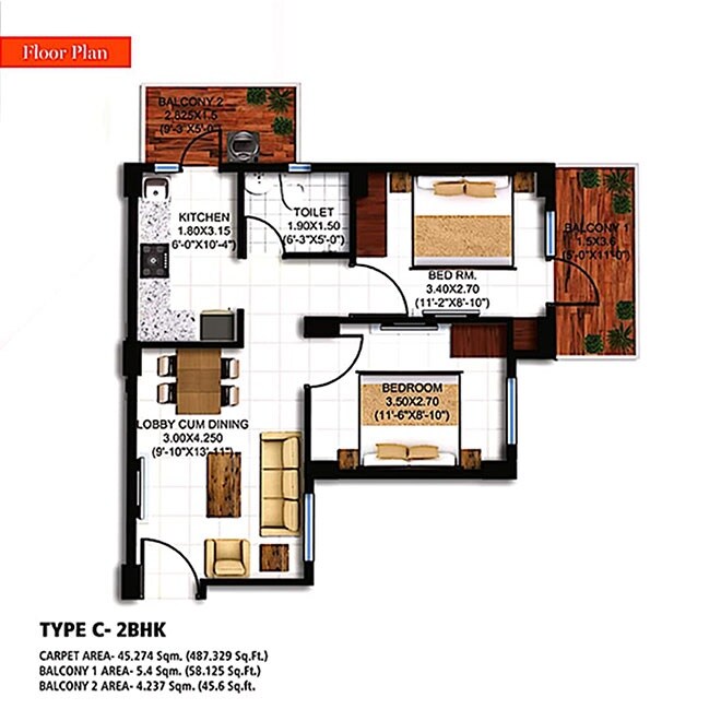 Floor plan of 2 BHK 487 Sq. Ft. Apartment in Agrasain Spaces Aagman Phase 2, Faridabad