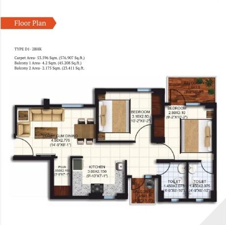 Floor plan of 2 BHK 577 Sq. Ft. Apartment in Agrasain Spaces Aagman Phase 2, Faridabad