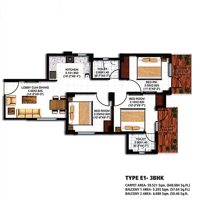 Floor plan of 3 BHK 640 Sq. Ft. Apartment in Agrasain Spaces Aagman Phase 2, Faridabad
