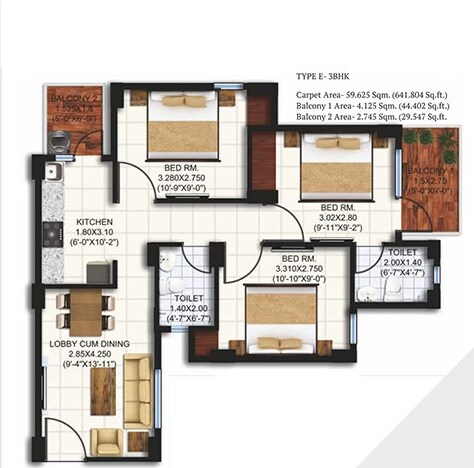 Floor plan of 3 BHK 642 Sq. Ft. Apartment in Agrasain Spaces Aagman Phase 2, Faridabad