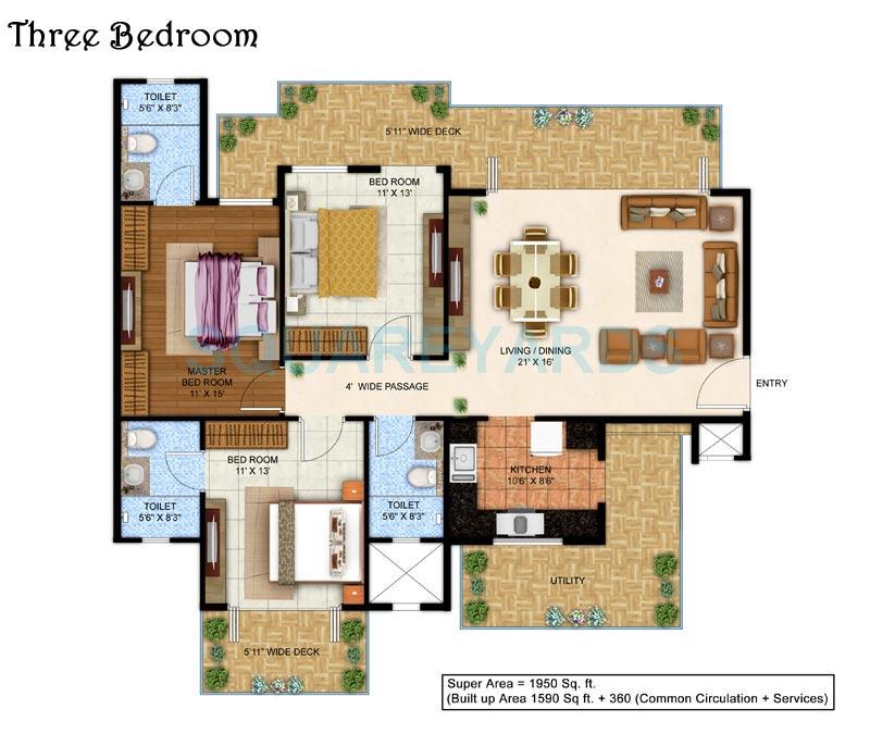 Floor plan of 3 BHK 1950 Sq. Ft. Apartment in Ahinsha Naturez Park, Faridabad