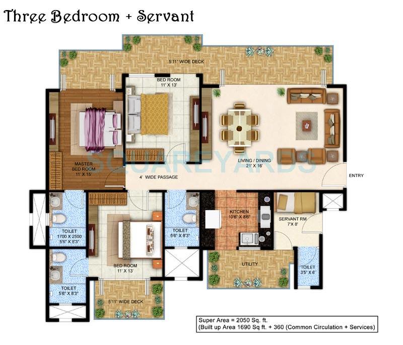 Floor plan of 3 BHK 2050 Sq. Ft. Apartment in Ahinsha Naturez Park, Faridabad