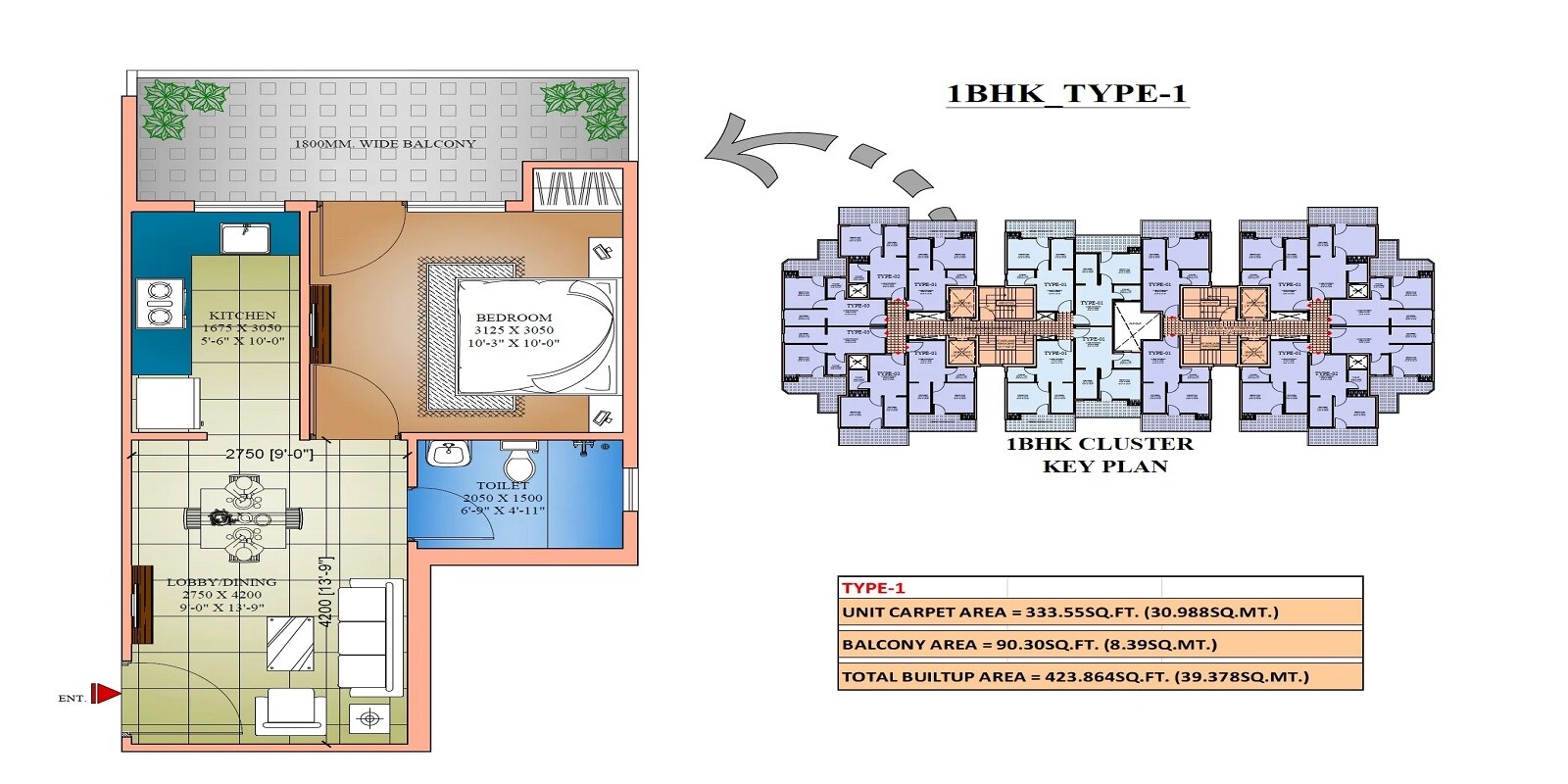 Floor plan of 1 BHK 424 Sq. Ft. Apartment in Amolik Sankalp, Faridabad