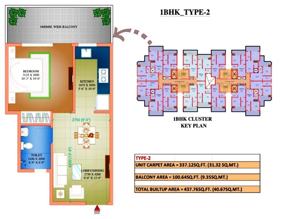 Floor plan of 1 BHK 438 Sq. Ft. Apartment in Amolik Sankalp, Faridabad
