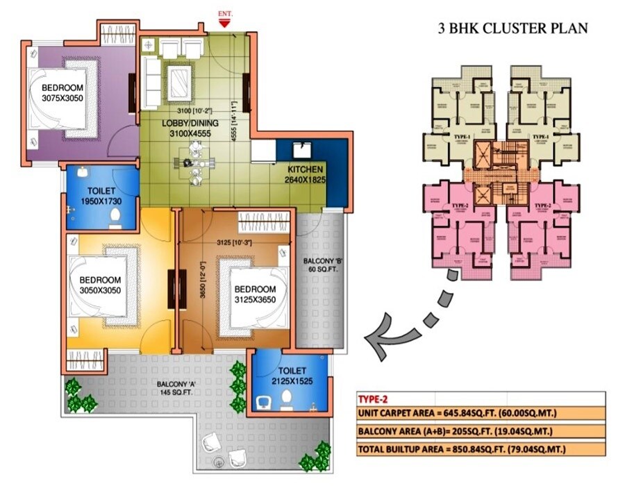 Floor plan of 3 BHK 851 Sq. Ft. Apartment in Amolik Sankalp, Faridabad