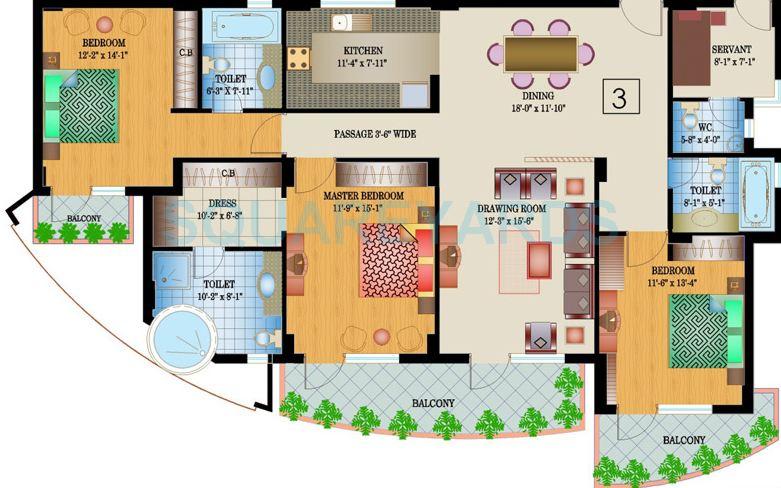 Floor plan of 3 BHK 2122 Sq. Ft. Apartment in Ansal Crown Heights, Faridabad