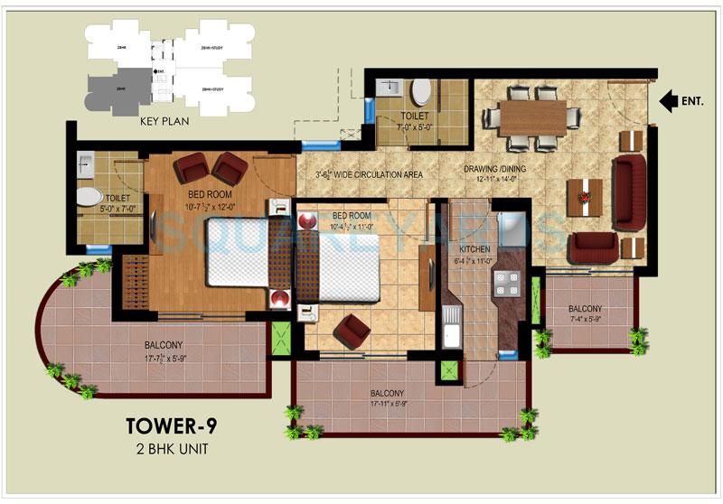 Floor plan of 2 BHK 1045 Sq. Ft. Apartment in Ansal Royal Heritage, Faridabad