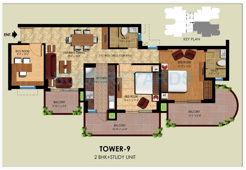 Floor plan of 2 BHK 1265 Sq. Ft. Apartment in Ansal Royal Heritage, Faridabad
