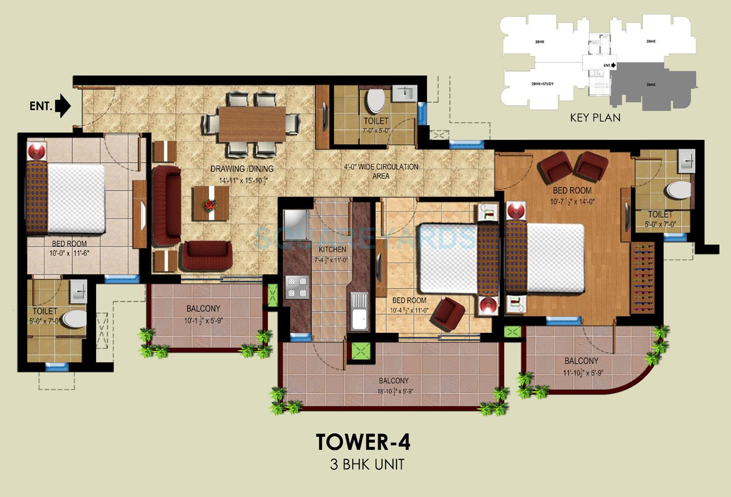 Floor plan of 3 BHK 1485 Sq. Ft. Apartment in Ansal Royal Heritage, Faridabad