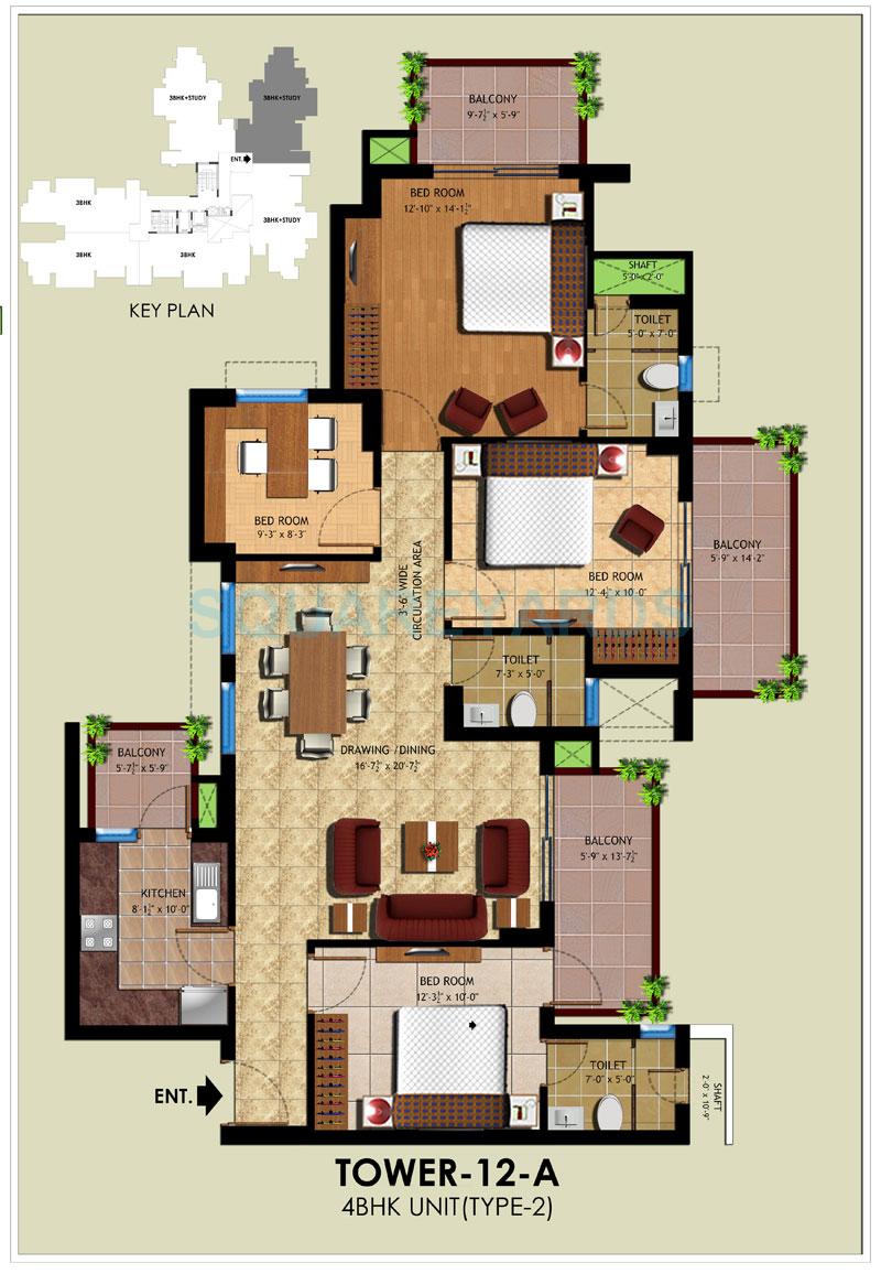Floor plan of 4 BHK 1815 Sq. Ft. Apartment in Ansal Royal Heritage, Faridabad