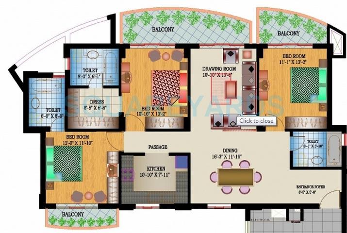 Floor plan of 3 BHK 1788 Sq. Ft. Apartment in Ansal Crown Heights, Faridabad