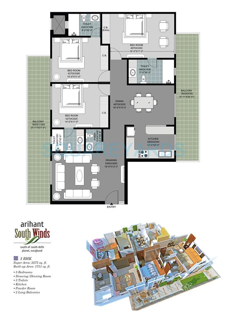 Floor plan of 3 BHK 2275 Sq. Ft. Apartment in Arihant South Winds, Faridabad
