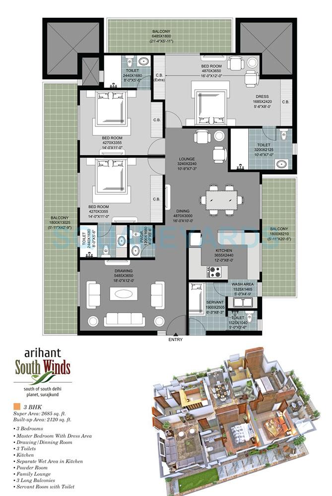 Floor plan of 3 BHK 2685 Sq. Ft. Apartment in Arihant South Winds, Faridabad