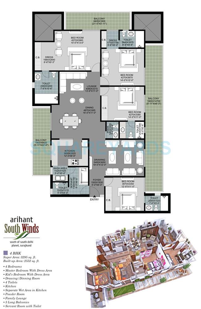 Floor plan of 4 BHK 3295 Sq. Ft. Apartment in Arihant South Winds, Faridabad