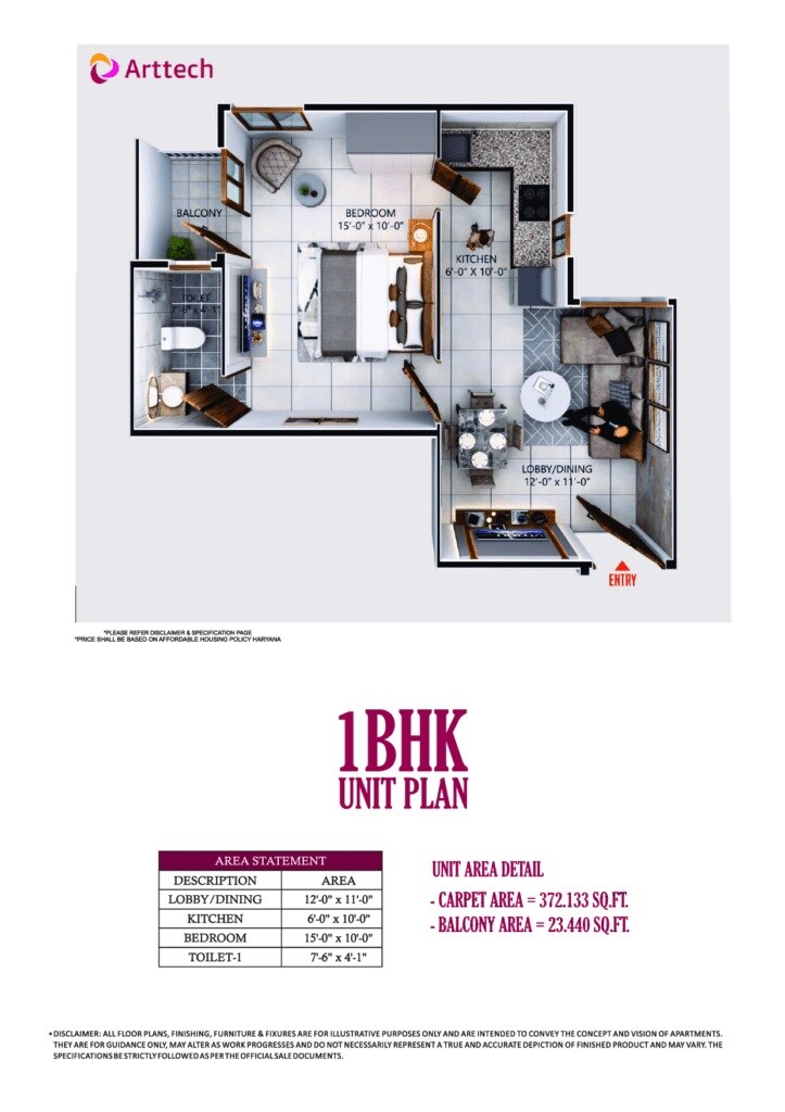 Floor plan of 1 BHK 396 Sq. Ft. Apartment in Arttech Maulshree Heights, Faridabad