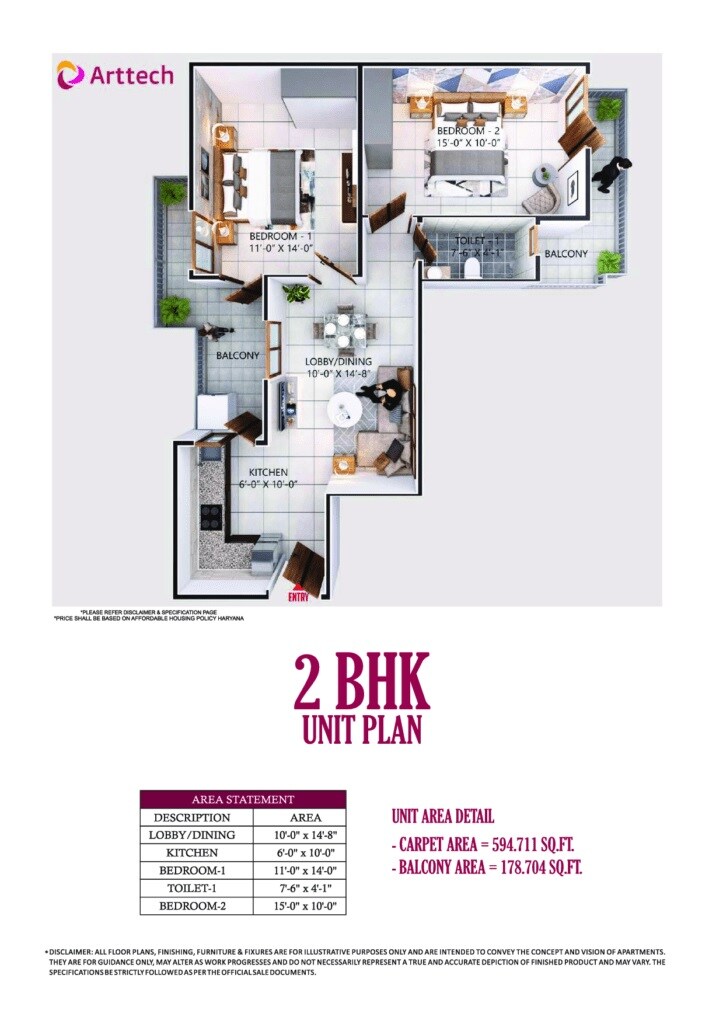 Floor plan of 2 BHK 774 Sq. Ft. Apartment in Arttech Maulshree Heights, Faridabad