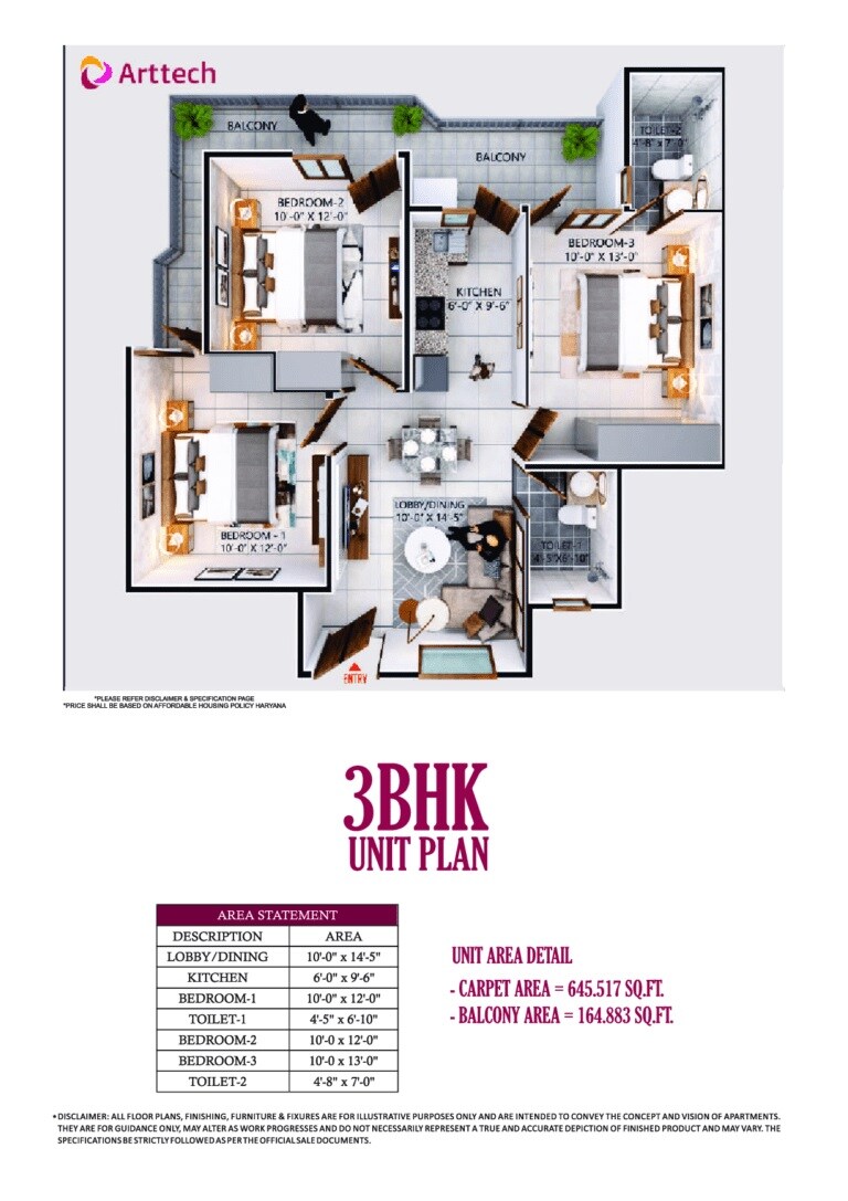 Floor plan of 3 BHK 810 Sq. Ft. Apartment in Arttech Maulshree Heights, Faridabad