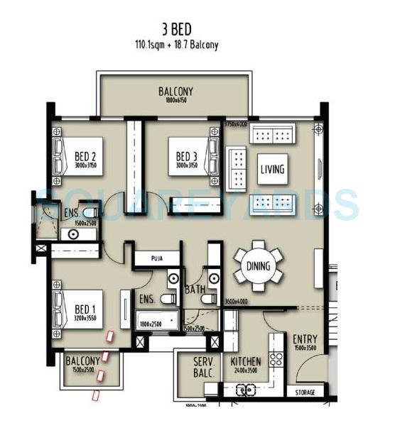 Floor plan of 3 BHK 1652 Sq. Ft. Apartment in Astrum Homes Alta Casa, Faridabad