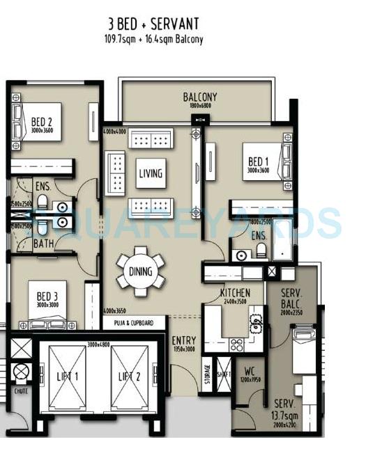 Floor plan of 3 BHK 1820 Sq. Ft. Apartment in Astrum Homes Alta Casa, Faridabad