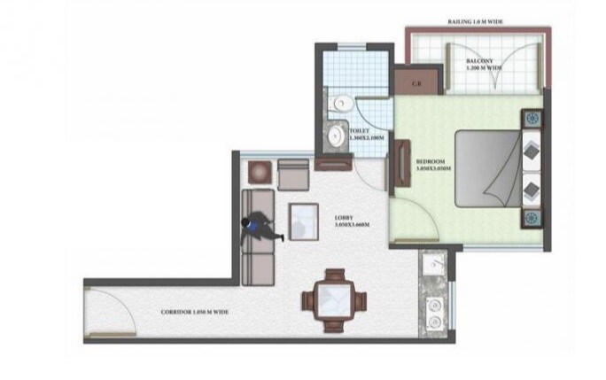 Floor plan of 1 BHK 357 Sq. Ft. Apartment in Auric City Homes, Faridabad