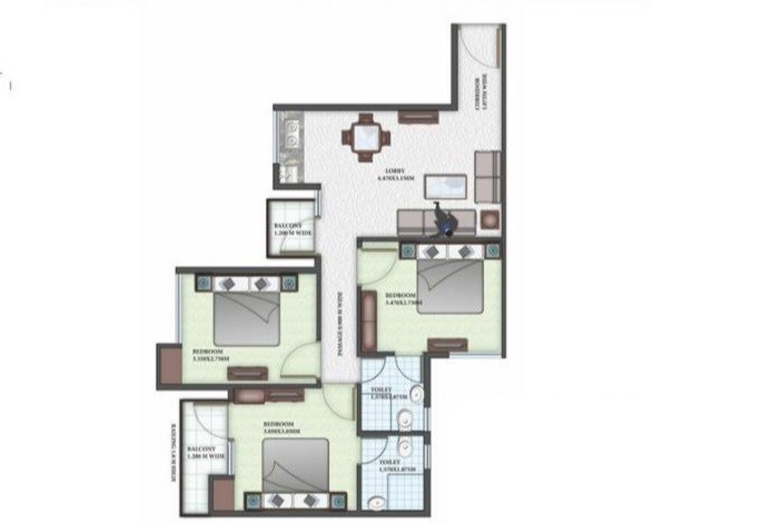 Floor plan of 3 BHK 672 Sq. Ft. Apartment in Auric City Homes, Faridabad