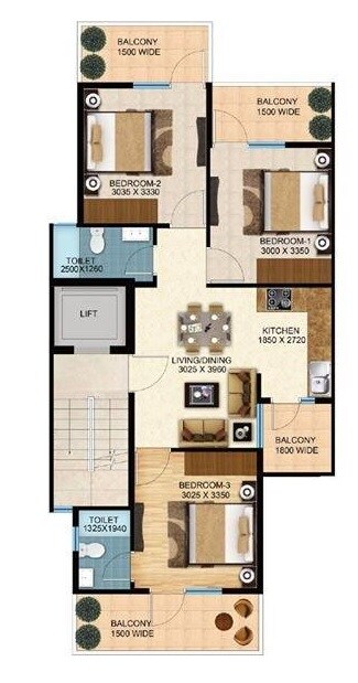 Floor plan of 3 BHK 1084 Sq. Ft. Apartment in Auric S3 Sattva, Faridabad