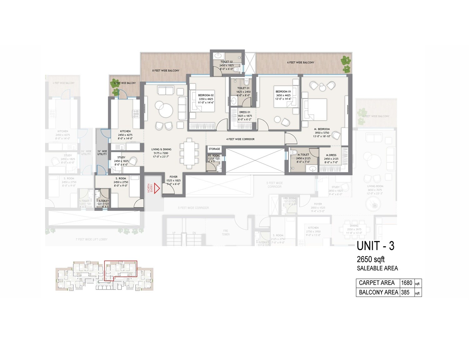 Floor plan of 3 BHK 2650 Sq. Ft. Apartment in Bhumika The Icon, Faridabad