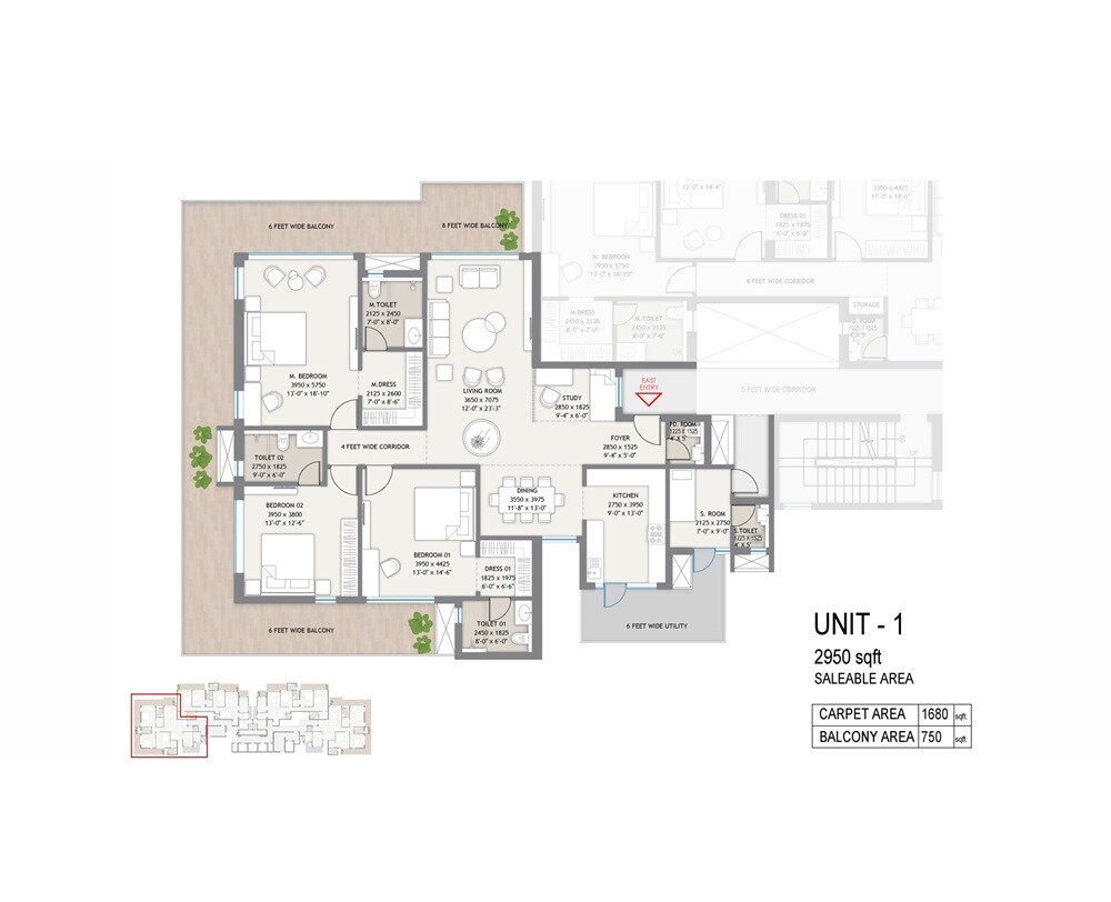 Floor plan of 3 BHK 2950 Sq. Ft. Apartment in Bhumika The Icon, Faridabad