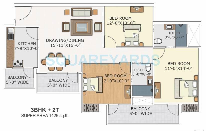 3 BHK 1425 Sq. Ft. Apartment in Dhingra Blue Solitaire