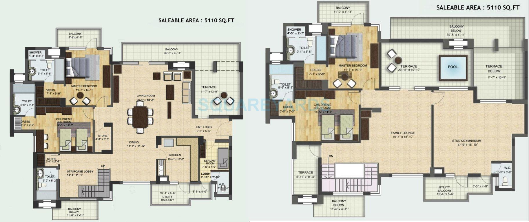 Floor plan of 4 BHK 5110 Sq. Ft. Penthouse in BPTP Park Grandeura, Faridabad