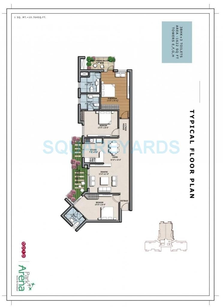 Floor plan of 3 BHK 1622 Sq. Ft. Apartment in BPTP Park Arena, Faridabad