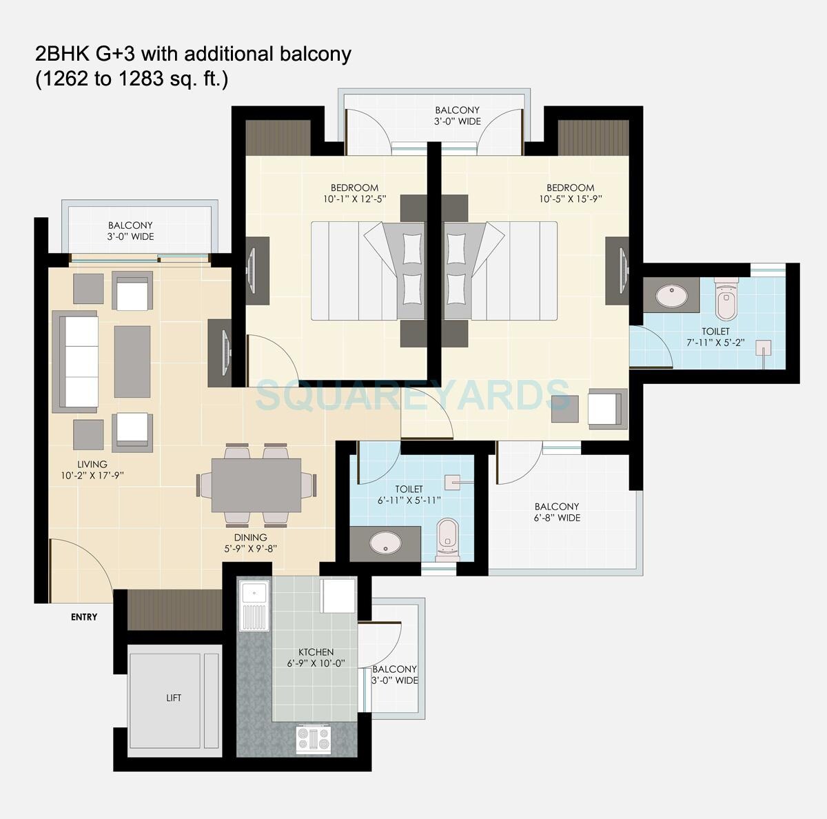 Floor plan of 2 BHK 1262 Sq. Ft. Apartment in BPTP Park Floors II, Faridabad
