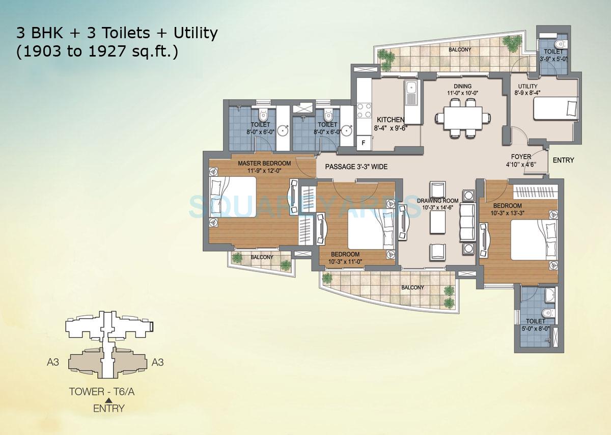 Floor plan of 3 BHK 1903 Sq. Ft. Apartment in BPTP The Resort, Faridabad