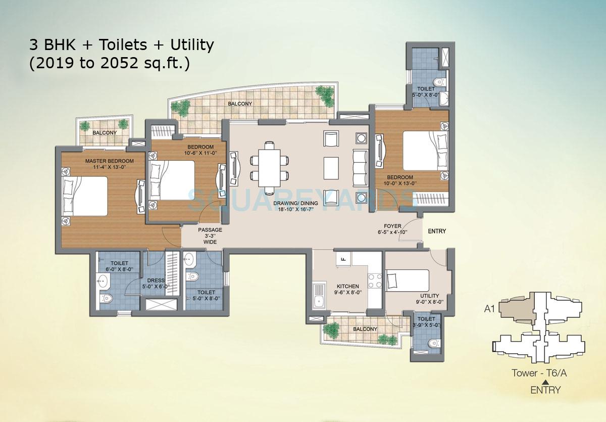 Floor plan of 3 BHK 2019 Sq. Ft. Apartment in BPTP The Resort, Faridabad