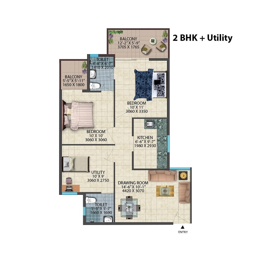 Floor plan of 2 BHK 731 Sq. Ft. Apartment in Conscient Habitat Residences, Faridabad