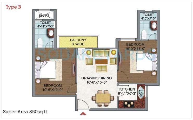 Floor plan of 2 BHK 850 Sq. Ft. Apartment in Dhingra Gloria, Faridabad