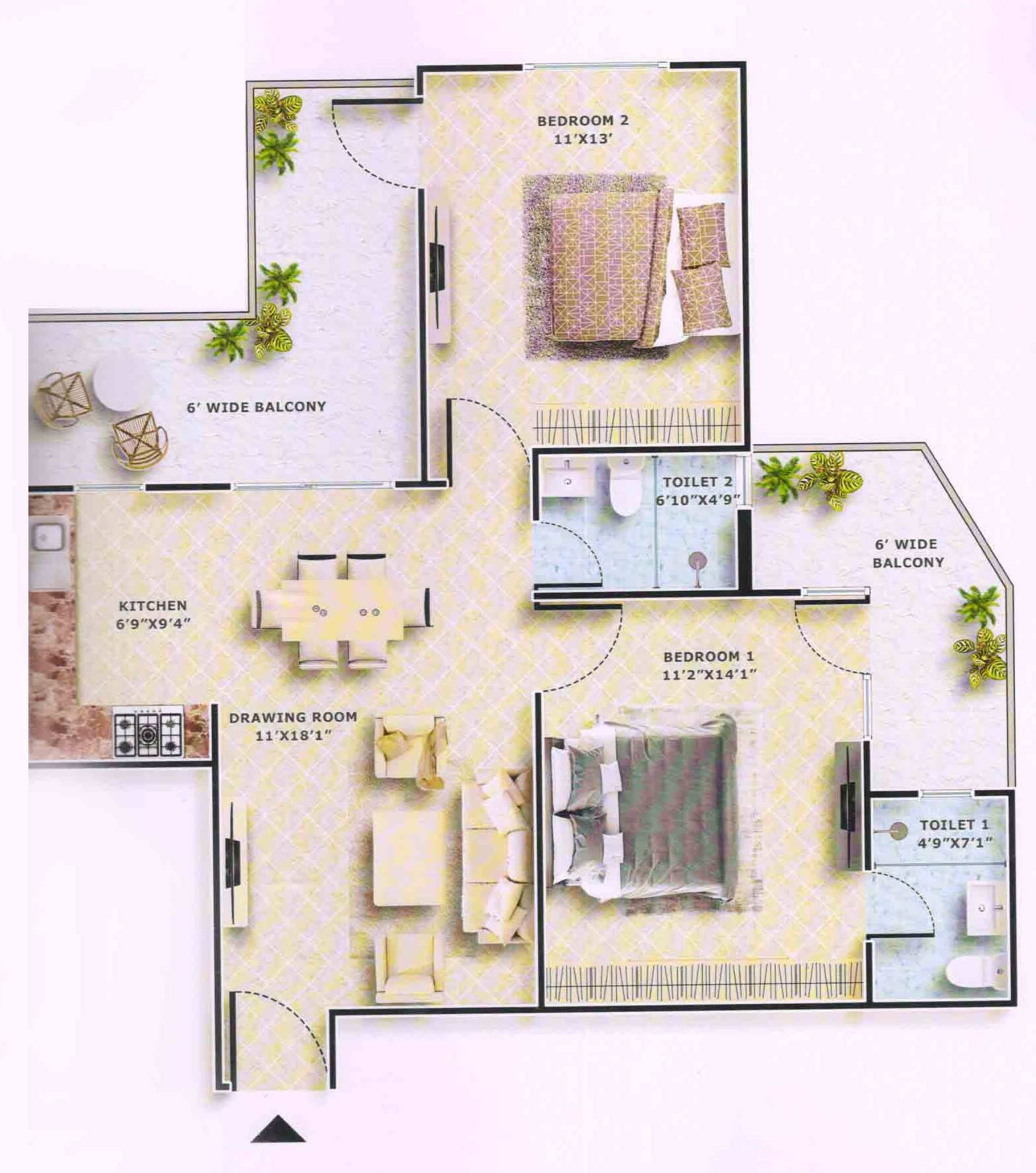 Floor plan of 2 BHK 1160 Sq. Ft. Apartment in Emerald Anmol, Faridabad