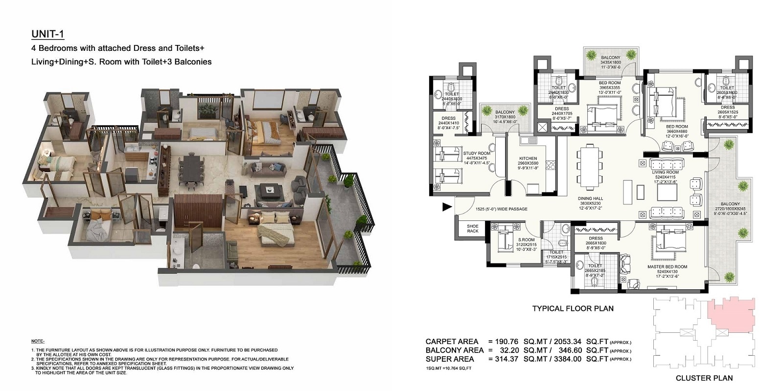 Floor plan of 4 BHK 3384 Sq. Ft. Apartment in Eros Edenwood Towers, Faridabad