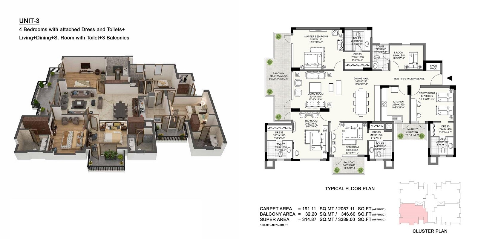 Floor plan of 4 BHK 3389 Sq. Ft. Apartment in Eros Edenwood Towers, Faridabad